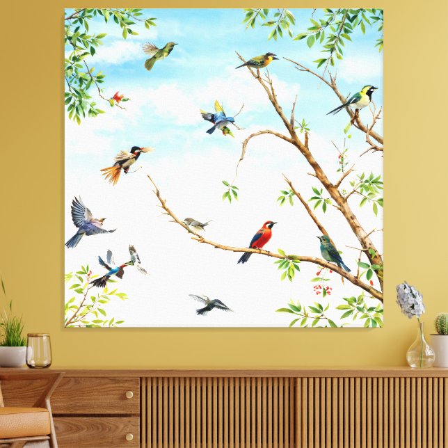 Toile Oiseaux perchés et volants à travers les arbres (Insitu(Salon))