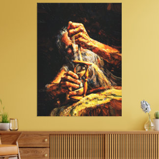 Toile Old Man Hourglass Time Slipping Away Impasto