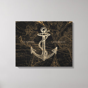 Toile Old World Nautical Ancre Ajouter un nom Noir