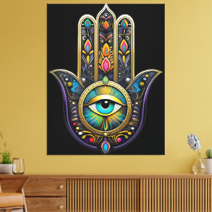 Toile Or noir coloré Hamsa avec troisième œil turquoise