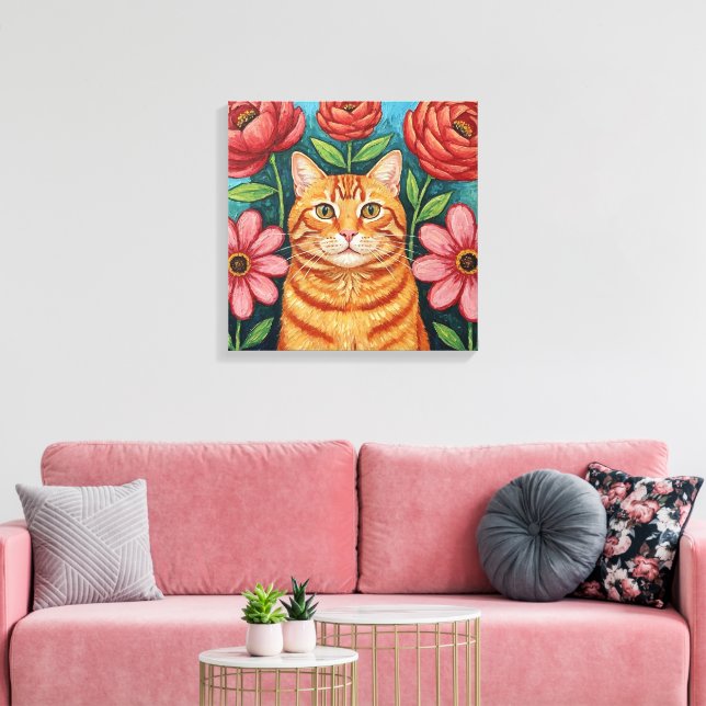 Toile Orange Cat Folk Art Flowers (Insitu(Salon))