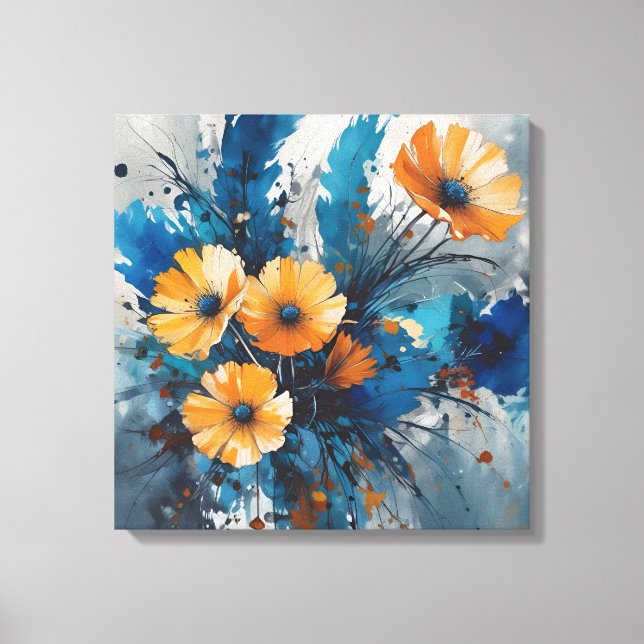Toile Orange Floral éclate avec Aquarelle Bleue (Recto)
