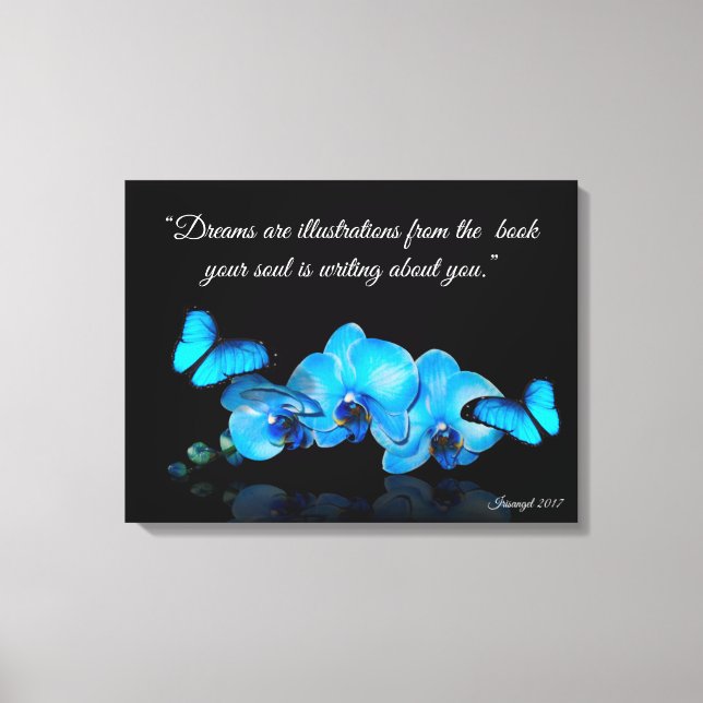 Toile Orchidées bleues et papillons avec citation (Recto)