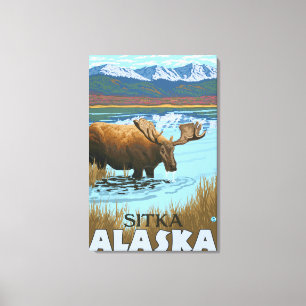 Toile Orignaux buvant au lac - Sitka, Alaska