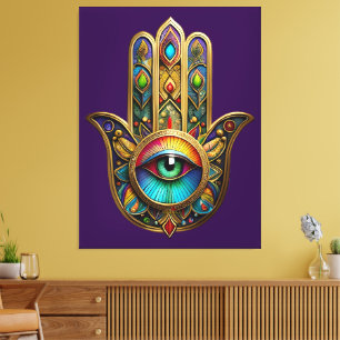 Toile Orné Hamsa Coloré Or Sur Fond Rouge Troisième Œil 