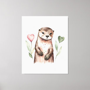 Toile Otter adorable avec Plantes de coeur