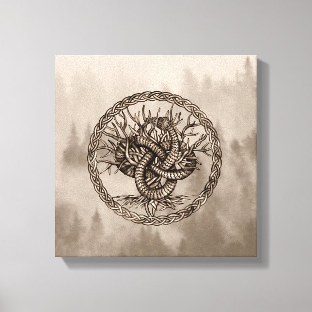 Toile Ouroboros noeud celtique avec arbre de vie Sepia (Recto)