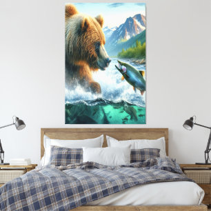 Toile Ours grizzlis avec saumon à truite arc-en-ciel
