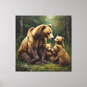 Toile Ours mère avec des oursons dans un cadre forestier