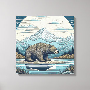 Toile Ours, Montagnes, Lac, Pleine Lune Ai Art