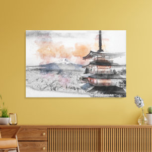 Toile Pagode japonaise et mont Fuji à l'aquarelle