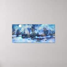Painting of winter night in city park