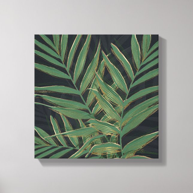 Toile Palmier Vert Feuille Gold Strokes Gris Design (Recto)