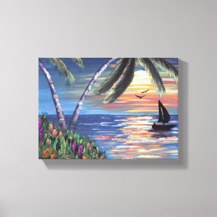 Toile Palmiers Coucher de soleil Peinture océanique