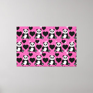 Toile Panda Bear Animal Lover Black Hearts Rose Glitter