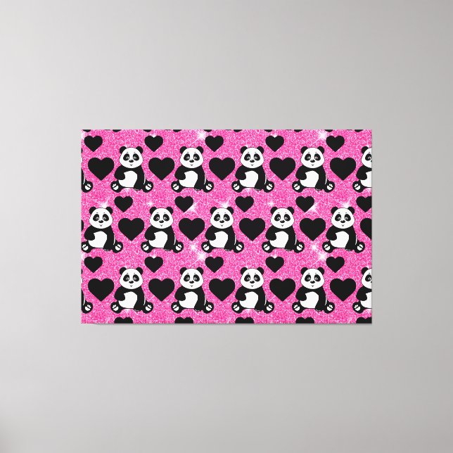 Toile Panda Bear Animal Lover Black Hearts Rose Glitter (Recto)