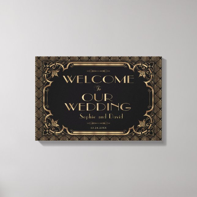 Toile Panneau de bienvenue de mariage noir Glam Gold (Recto)