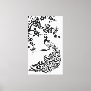 Toile Paon blanc noir et fleurs de cerisiers personnalis