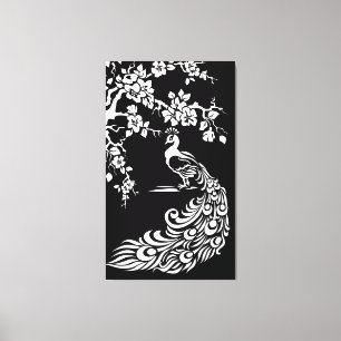 Toile Paon blanc noir et fleurs de cerisiers personnalis