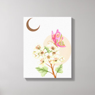 Toile Papillon aquarelle bohème céleste et floral blanc