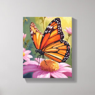 Toile Papillon Monarque Fleur Rose Peinture Florale