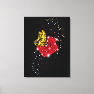Toile Papillon sur rose rouge avec étoiles et gouttes de