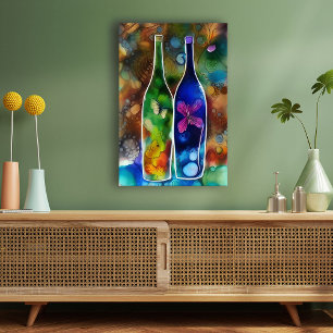 Toile Papillons, fleurs et bouteilles