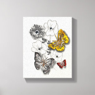 Toile Papillons Fleurs Rouge Or gris minimaliste Style