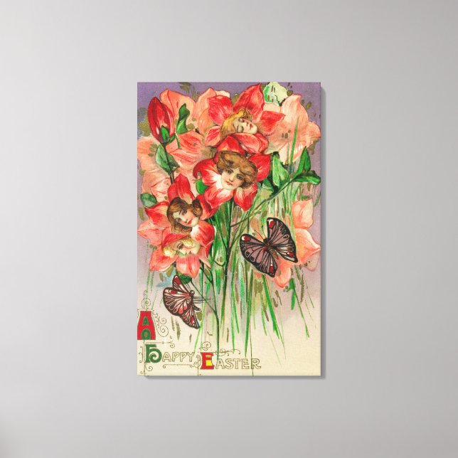 Toile Pâques joyeuses avec des Fleurs de Tête Féminines (Recto)