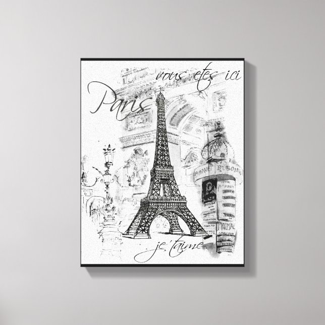 Toile Paris Tour Eiffel Scène Collage noir & blanc (Recto)
