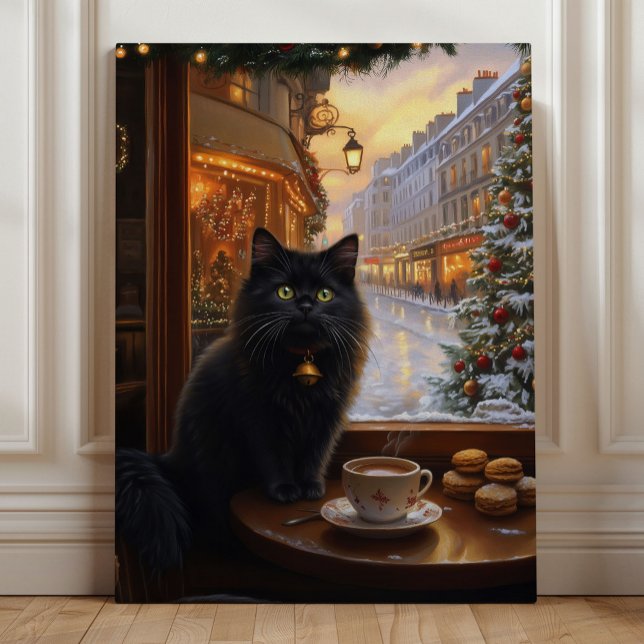 Toile Parisian Christmas Cat – Whimsical Black Cat Café  (Parisian Christmas Cat – Whimsical Black Cat Café Art by Nicole Cossairt)