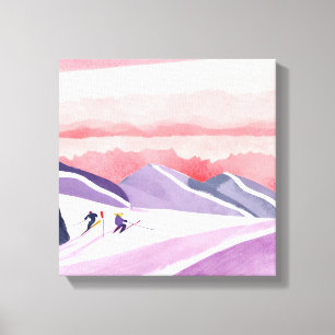 Toile Pastel Watercolor Ski Mountain Sunset