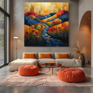 Toile Paysage Coloré Abstrait avec Rivière et Vibrations