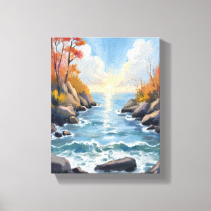 Toile Paysage d'automne rivière soleil eau aquarelle