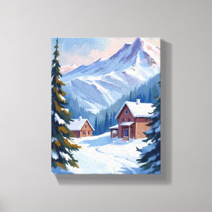 Toile Paysage de montagne de chalet de ski Aquarelle Hiv
