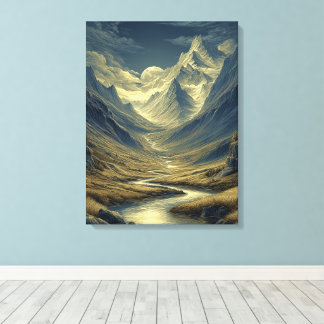 Toile Paysage de montagne stylisé au clair de lune bleu 