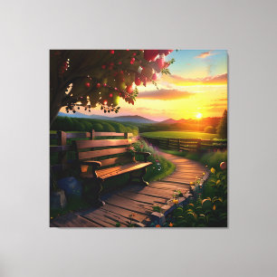 Toile Paysage de montagne Sunset avec pomme et chemin