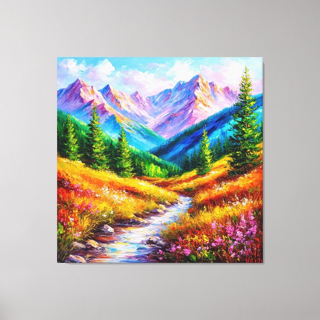 Toile Paysage de montagne vibrant avec ruisseau et fleur (Recto)