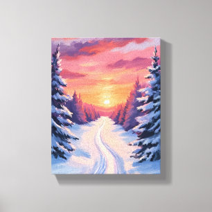 Toile Paysage de pins au coucher du soleil en hiver Aq