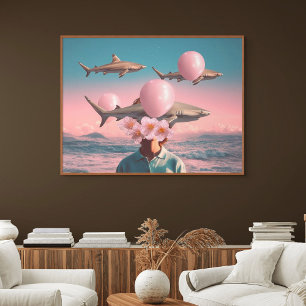 Toile Paysage de rêve surréaliste avec des requins et de
