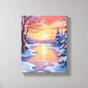 Toile Paysage de rivière hivernale au coucher du soleil