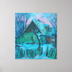 Toile Paysage d'hiver Ancien gîte Maison Pastel Peinture