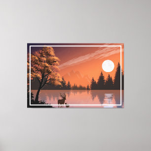 Toile Paysage du lever du soleil avec lac et Deers-51207