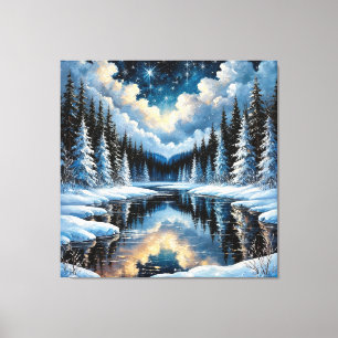 Toile Paysage hivernal étoilé avec des arbres enneigés