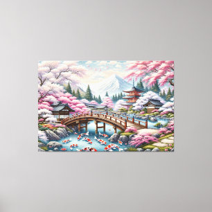Toile Paysage japonais avec Pont, Koi et Sakura