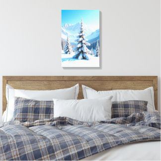 Toile Paysage serein de montagne enneigée et pin d'hiver