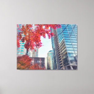 Toile Paysage urbain automnal avec feuilles d'érable rou