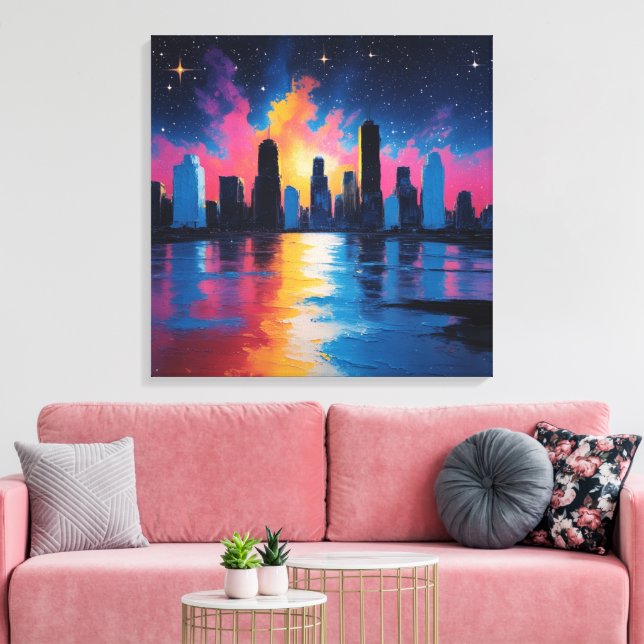 Toile Paysage Urbain Futuriste au Coucher du Soleil Toil (Insitu(Salon))