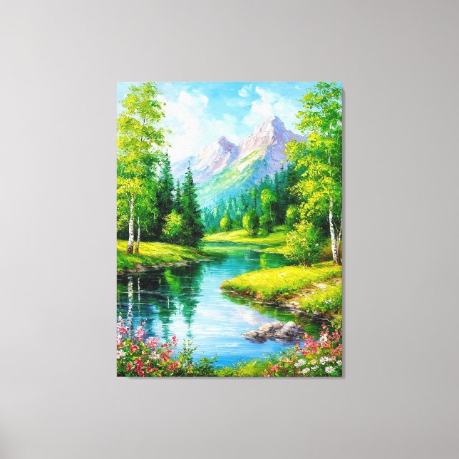 Toile Paysage Vivant Avec Montagnes, Scène de Rivière (Recto)