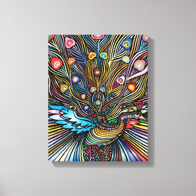 Toile Peacock étonnant en Huichol Style Art (Recto)
